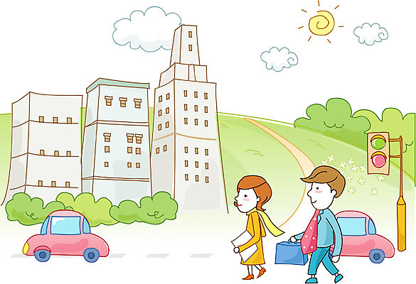 EPS 주간 여자 남자 도로 일러스트 회사 비즈니스 교통시설 자동차 사람 야외 두명 비즈니스맨 비즈니스우먼 신호등 출근 국내일러스트 자연요소 길 육상교통 교통 직장인 시설 출퇴근 파일형식 벡터