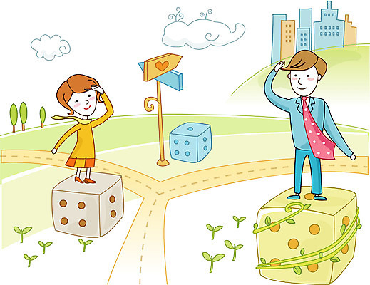 EPS 주간 여자 남자 일러스트 회사 비즈니스 미래 사람 야외 두명 비즈니스맨 비즈니스우먼 방향 주사위 국내일러스트 자연요소 컨셉 직장인 파일형식 벡터