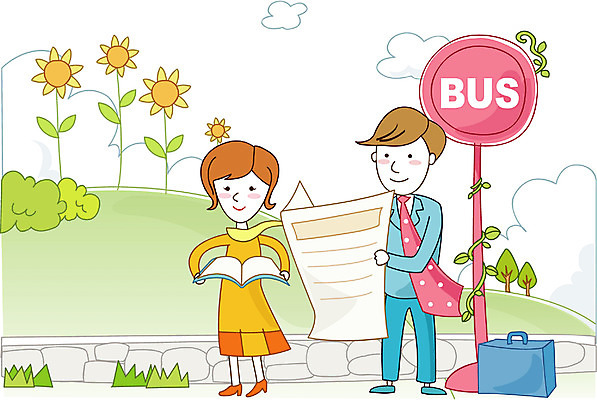 EPS 주간 여자 남자 일러스트 회사 비즈니스 교통시설 사람 야외 두명 비즈니스맨 비즈니스우먼 작업실 버스정류장 출근 국내일러스트 자연요소 교통 직장인 역 시설 출퇴근 파일형식 벡터