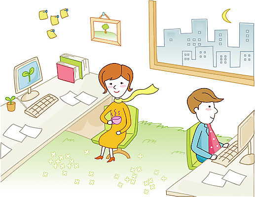 EPS 여자 남자 커피 일러스트 회사 비즈니스 휴식 실내 사람 두명 사무실 비즈니스맨 비즈니스우먼 작업실 야근 국내일러스트 음료 컨셉 내부 업무 직장인 파일형식 벡터