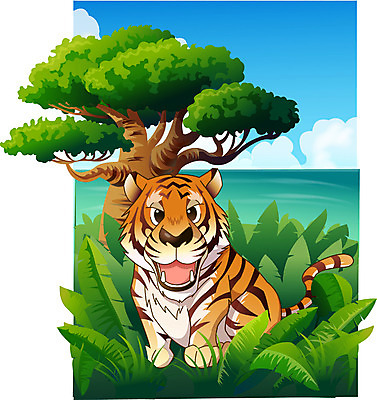 EPS 주간 나무 동물 척추동물 한마리 육지동물 일러스트 포유류 동물원 사람없음 야외 호랑이 숲 열대우림 국내일러스트 자연요소 식물 1 파일형식 벡터
