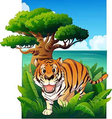 EPS 주간 나무 동물 척추동물 한마리 육지동물 일러스트 포유류 동물원 사람없음 야외 호랑이 숲 열대우림 국내일러스트 자연요소 식물 1 파일형식 벡터