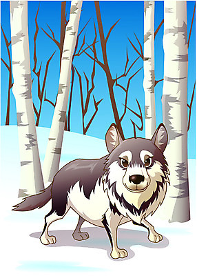 EPS 주간 동물 척추동물 한마리 육지동물 계절 야생동물 겨울 일러스트 포유류 자연 동물원 사람없음 야외 설원 개 시베리안허스키 늑대 삼림지대 시베리아 국내일러스트 자연요소 1 눈_날씨 숲 생태계 파일형식 벡터