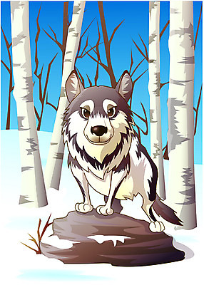 EPS 주간 동물 척추동물 한마리 육지동물 계절 야생동물 겨울 일러스트 포유류 자연 동물원 사람없음 야외 설원 개 시베리안허스키 늑대 삼림지대 시베리아 국내일러스트 자연요소 1 눈_날씨 숲 생태계 파일형식 벡터