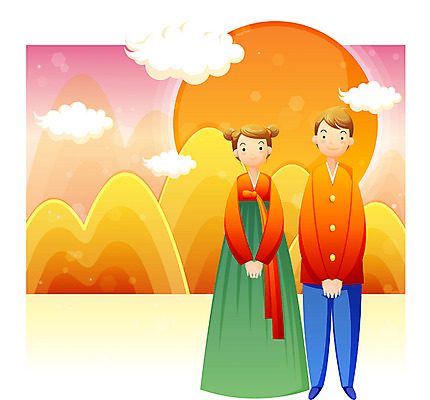 EPS 전신 커플 계절 여자 명절 남자 겨울 일러스트 새해 서기 사람 야외 두명 설날 한복 국내일러스트 한국전통 전통 기념일 관계 모션 전통의상 파일형식 벡터