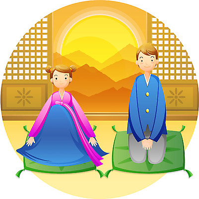 EPS 전신 커플 계절 여자 명절 남자 겨울 일러스트 하늘 새해 실내 사람 앉기 두명 설날 절 한복 세배 큰절 국내일러스트 한국전통 전통 기념일 관계 모션 내부 인사 절_인사 전통의상 파일형식 벡터