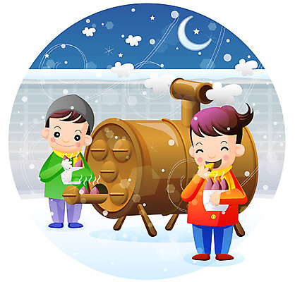 EPS 전신 계절 여자 남자 어린이 음식 겨울 일러스트 서기 사람 야외 두명 야간 겨울음식 겨울간식 군고구마 어린이만 제철음식 국내일러스트 자연요소 모션 디저트 구이 제철 파일형식 벡터