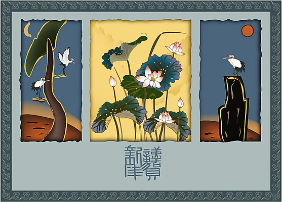 EPS 식물 템플릿 한국전통 꽃 백그라운드 카드템플릿 여름꽃 자연 새해 연꽃 풍경 사람없음 학 연하장 자연문양 이미지템플릿 카드프레임 전통 문양 조류 카드_감사 프레임 한국 생태계 파일형식 벡터 여름_계절