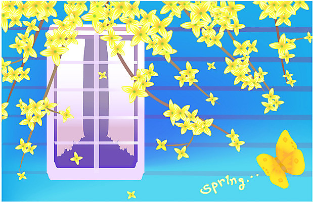EPS 식물 계절 꽃 나비 백그라운드 일러스트 봄꽃 창문 자연 사람없음 야외 봄 개나리 국내일러스트 곤충 생태계 파일형식 벡터