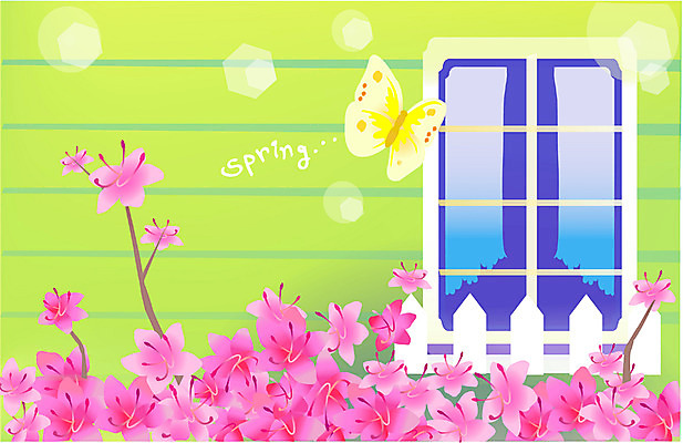 EPS 주간 식물 계절 꽃 나비 백그라운드 일러스트 봄꽃 창문 자연 사람없음 야외 봄 진달래 철쭉 국내일러스트 자연요소 곤충 생태계 파일형식 벡터