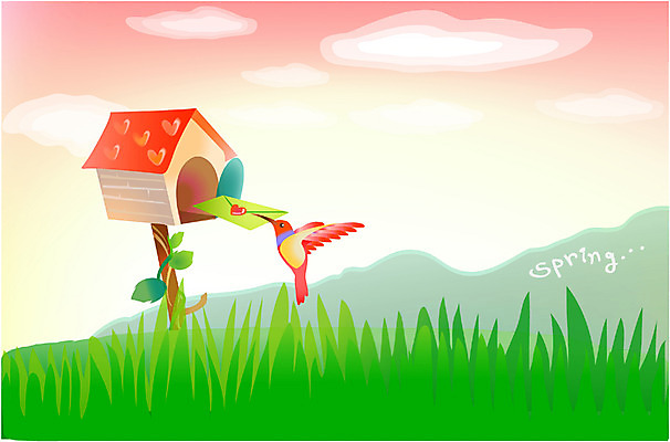 EPS 사계절 계절 백그라운드 일러스트 자연 조류 풍경 잔디 사람없음 봄 우체통 편지 알림 국내일러스트 식물 동물 생태계 파일형식 벡터