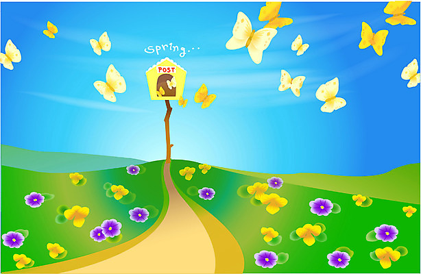 EPS 사계절 계절 꽃 나비 백그라운드 꽃밭 일러스트 자연 하늘 풍경 초원 사람없음 야외 봄 우체통 국내일러스트 식물 곤충 생태계 파일형식 벡터