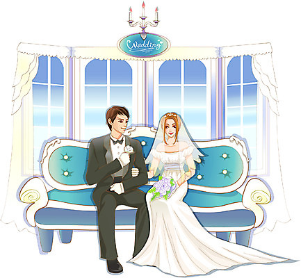 EPS 커플 여자 남자 신부 웨딩드레스 신랑 결혼 일러스트 창문 결혼식 실내 사람 정장 턱시도 두명 소파 로맨틱 커튼 촛대 국내일러스트 드레스 옷 컨셉 의자 관계 이벤트 내부 파일형식 벡터