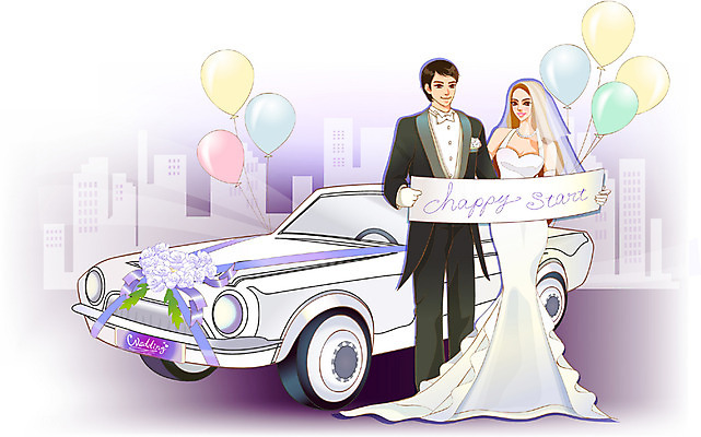 EPS 커플 여자 남자 행복 신부 웨딩드레스 신랑 결혼 일러스트 자동차 결혼식 사람 정장 턱시도 야외 두명 로맨틱 웨딩카 국내일러스트 드레스 옷 감정 육상교통 컨셉 관계 이벤트 파일형식 벡터