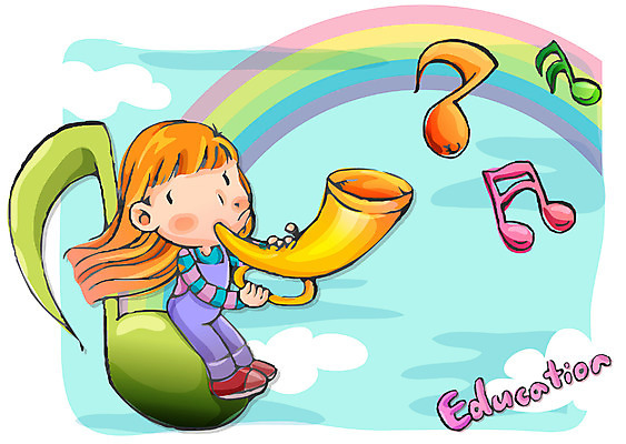 EPS 주간 여자 어린이교육 교육 초등학생 어린이 음악 무지개 연주 음표 일러스트 하늘 한명 사람 소녀 야외 나팔 여자만 여자한명만 어린이만 소녀만 소녀한명만 국내일러스트 자연요소 1 학생 기호 악기 문화예술 파일형식 벡터