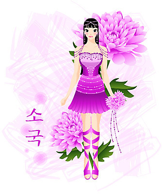 EPS 전신 식물 모델 드레스 여자 꽃 컬러 일러스트 자연 국화 가을꽃 한명 서기 사람 보라색 소국 여자만 여자한명만 국내일러스트 1 옷 모션 생태계 파일형식 벡터 가을_계절