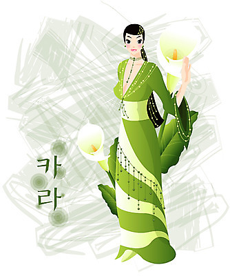 EPS 전신 식물 모델 드레스 여자 꽃 컬러 일러스트 여름꽃 자연 한명 서기 사람 초록색 카라 칼라꽃 여자만 여자한명만 국내일러스트 1 옷 모션 생태계 파일형식 벡터 여름_계절