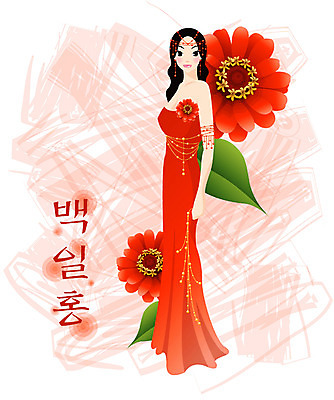 EPS 전신 식물 모델 드레스 여자 꽃 컬러 일러스트 여름꽃 자연 한명 서기 사람 빨간색 백일홍 여자만 여자한명만 국내일러스트 1 옷 모션 생태계 파일형식 벡터 여름_계절