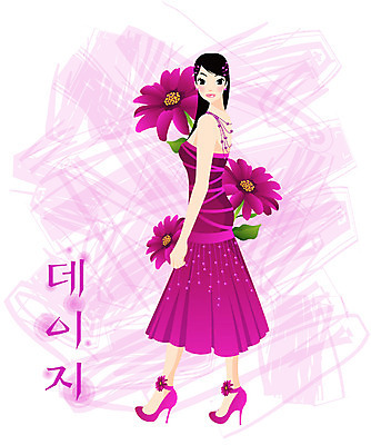 EPS 전신 식물 모델 드레스 여자 꽃 컬러 일러스트 여름꽃 자연 한명 서기 사람 보라색 데이지 여자만 여자한명만 국내일러스트 1 옷 모션 생태계 파일형식 벡터 여름_계절