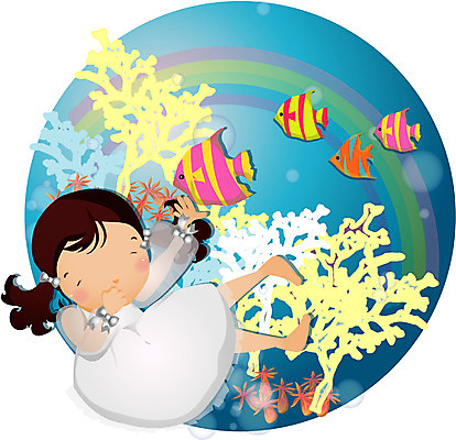 EPS 전신 여자 초등학생 어린이 바다 일러스트 상상 어류 한명 사람 판타지 해저 잠수 여자만 여자한명만 어린이만 소녀만 소녀한명만 국내일러스트 1 학생 바닷속 수중동물 파일형식 벡터