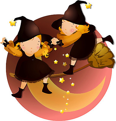 EPS 전신 여자 별 어린이 일러스트 상상 서기 사람 야외 두명 판타지 마법사 달 야간 초승달 빗자루 마녀 여자만 어린이만 소녀만 국내일러스트 자연요소 모션 청소도구 파일형식 벡터