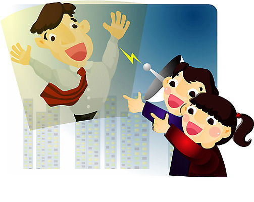 여자 남자 산업 일러스트 통신 가족 기술 사람 세명 끈 아빠 전파 화상통화 국내일러스트 관계 통화