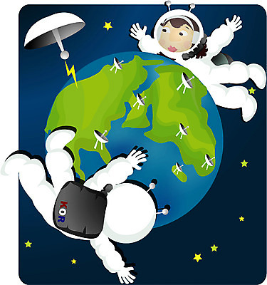 EPS 전신 여자 산업 지구 일러스트 비즈니스 미래 정보통신 사람 야외 두명 우주 행성 인공위성 우주비행사 여자만 국내일러스트 컨셉 통신 정보 파일형식 벡터