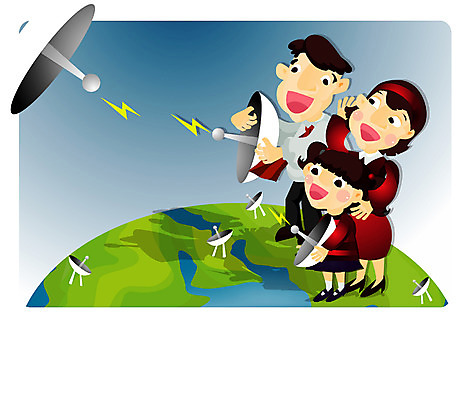 EPS 전신 여자 남자 산업 지구 일러스트 비즈니스 통신 가족 정보통신 서기 사람 세명 우주 비즈니스맨 비즈니스우먼 위성안테나 전파 국내일러스트 관계 모션 안테나 정보 직장인 파일형식 벡터