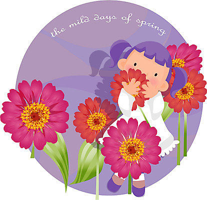 EPS 전신 사계절 계절 여자 꽃 초등학생 어린이 컬러 일러스트 자연 한명 서기 사람 보라색 봄 여자만 여자한명만 어린이만 소녀만 소녀한명만 국내일러스트 식물 1 학생 모션 생태계 파일형식 벡터