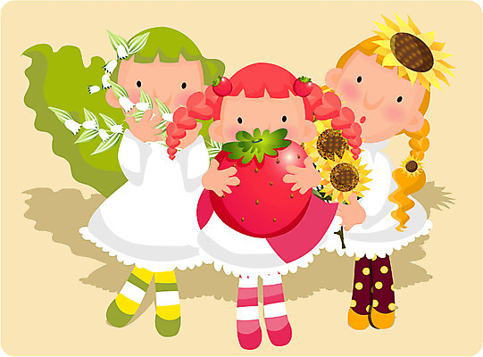 EPS 전신 사계절 계절 여자 꽃 어린이 일러스트 자연 딸기 해바라기 서기 사람 세명 봄 여자만 어린이만 소녀만 국내일러스트 식물 과일 모션 생태계 파일형식 벡터