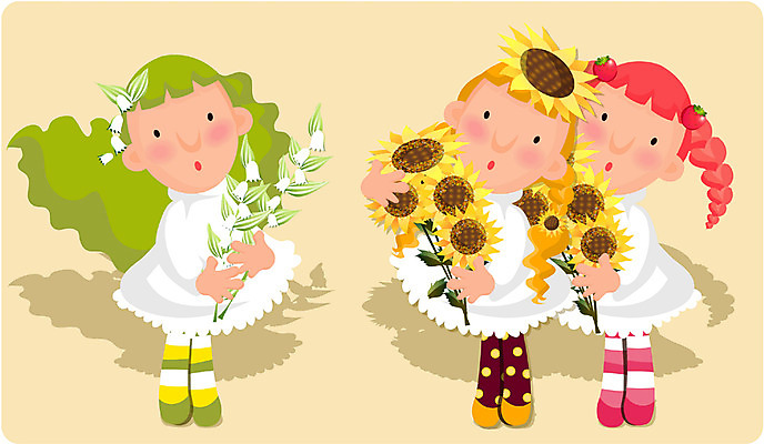 EPS 전신 사계절 계절 여자 꽃 어린이 일러스트 자연 해바라기 서기 사람 세명 봄 여자만 어린이만 소녀만 국내일러스트 식물 모션 생태계 파일형식 벡터