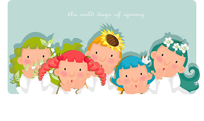 EPS 사계절 계절 여자 남자 꽃 어린이 일러스트 자연 사람 여러명 상반신 봄 어린이만 국내일러스트 식물 다수 생태계 파일형식 벡터