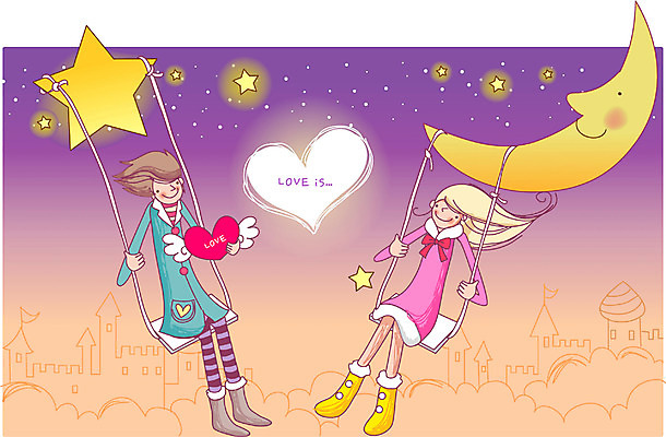 EPS 커플 여자 남자 감정 별 겨울 데이트 일러스트 사랑 사람 두명 로맨틱 달 그네 연애 국내일러스트 자연요소 계절 컨셉 관계 파일형식 벡터