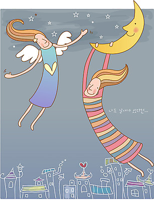 EPS 캐릭터 여자 별 일러스트 상상 요정 사람 두명 판타지 꿈 달 야간 상상캐릭터 여자만 국내일러스트 일러캐릭터 자연요소 파일형식 벡터