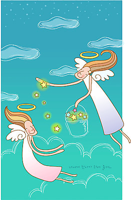 EPS 캐릭터 여자 별 일러스트 상상 하늘 천사 요정 사람 두명 판타지 꿈 상상캐릭터 여자만 국내일러스트 일러캐릭터 자연요소 파일형식 벡터