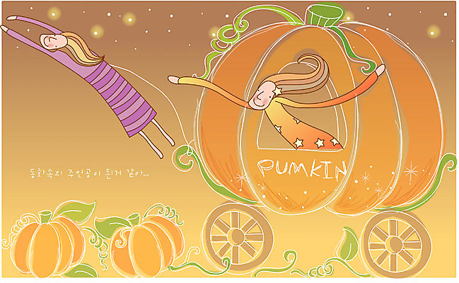 EPS 캐릭터 여자 일러스트 상상 호박 동화 요정 사람 두명 판타지 꿈 상상캐릭터 호박마차 여자만 국내일러스트 일러캐릭터 채소 마차 파일형식 벡터