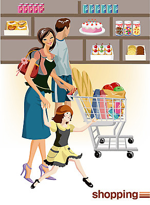 EPS 전신 여자 남자 어린이 일러스트 가족 서기 사람 성인 두명 쇼핑 장보기 상점 카트 시장 장 마트 슈퍼 국내일러스트 관계 모션 파일형식 벡터