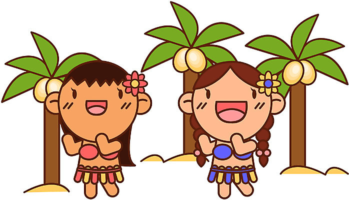 EPS 전신 캐릭터 계절 여자 어린이 여행 일러스트 휴가 서기 사람 소녀 두명 여름 여름휴가 바캉스 야자수 하와이 훌라춤 여자만 어린이만 소녀만 일러캐릭터 나무 모션 미국 춤 파일형식 벡터 여름_계절