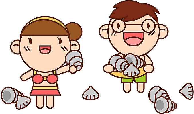 EPS 전신 캐릭터 계절 여자 남자 어린이 여행 일러스트 휴가 조개 어패류 서기 사람 두명 여름 여름휴가 바캉스 소라 어린이만 일러캐릭터 동물 모션 파일형식 벡터 여름_계절