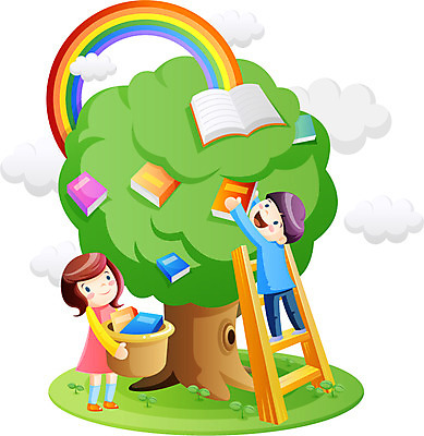 EPS 전신 나무 구름 여자 어린이교육 교육 남자 어린이 무지개 일러스트 사다리 한그루 서기 사람 소녀 소년 초원 두명 책 새싹 풀 어린이만 국내일러스트 자연요소 식물 1 모션 도구 파일형식 벡터
