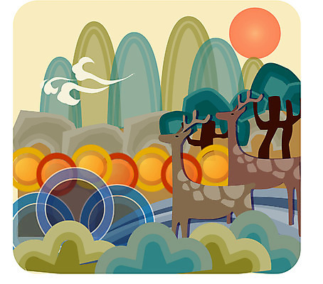 EPS 나무 동물 구름 척추동물 전통 문양 육지동물 계절 명절 백그라운드 일러스트 포유류 사슴 새해 산 한국 풍경 사람없음 설날 태양 전통문양 일출 국내일러스트 자연요소 식물 기념일 아시아 노을 파일형식 벡터