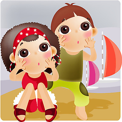 EPS 전신 계절 여자 남자 어린이 모래 바다 여행 일러스트 휴가 서기 사람 앉기 소녀 소년 해변 야외 두명 여름 여름휴가 바캉스 모래사장 선박 어린이만 국내일러스트 수상교통 모션 파일형식 벡터 여름_계절