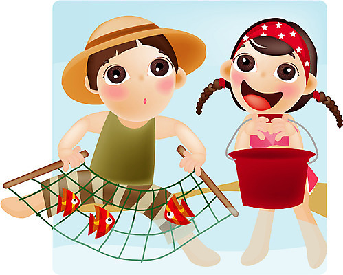 EPS 주간 전신 계절 여자 교육 남자 어린이 일러스트 낚시 어류 서기 사람 소녀 소년 야외 두명 여름 여름휴가 바캉스 뜰채 그물 낚시용품 어린이만 국내일러스트 자연요소 모션 레저 휴가 수중동물 파일형식 벡터 여름_계절