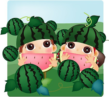 EPS 주간 계절 여자 남자 어린이 엎드리기 여행 과일 일러스트 휴가 수박 사람 소녀 소년 상반신 야외 두명 여름 여름휴가 바캉스 과수원 수박서리 어린이만 국내일러스트 자연요소 농업 모션 파일형식 벡터 여름_계절