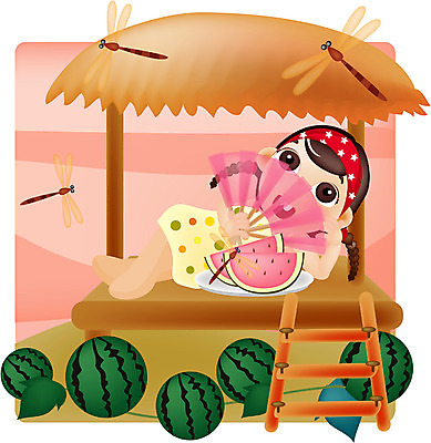 EPS 전신 계절 여자 어린이 여행 과일 일러스트 청소년 휴가 수박 한명 사람 소녀 야외 10대 여름 여름휴가 바캉스 눕기 부채 잠자리 원두막 여자만 여자한명만 십대만 십대여자만 십대여자한명만 국내일러스트 1 곤충 모션 파일형식 벡터 여름_계절