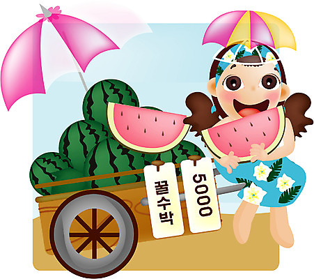 EPS 주간 계절 여자 어린이 여행 과일 일러스트 청소년 휴가 수박 한명 사람 앉기 소녀 야외 10대 여름 여름휴가 바캉스 수레 파라솔 여자만 여자한명만 십대만 십대여자만 십대여자한명만 국내일러스트 자연요소 1 모션 카트 파일형식 벡터 여름_계절