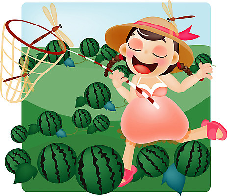 EPS 주간 전신 모자 계절 여자 어린이 여행 과일 일러스트 청소년 휴가 수박 한명 서기 사람 소녀 야외 10대 여름 여름휴가 바캉스 잠자리 과수원 채집망 여자만 여자한명만 십대만 십대여자만 십대여자한명만 국내일러스트 자연요소 1 잡화 곤충 농업 모션 파일형식 벡터 여름_계절