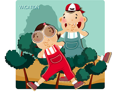 EPS 주간 전신 나무 계절 여자 교육 남자 어린이 일러스트 방학 휴가 산 여름방학 서기 사람 소녀 소년 야외 두명 여름 여름휴가 바캉스 등산 어린이만 국내일러스트 자연요소 식물 모션 트래킹 파일형식 벡터 여름_계절