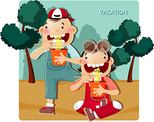 EPS 주간 전신 나무 계절 여자 교육 남자 어린이 일러스트 방학 산 여름방학 서기 사람 앉기 소녀 소년 야외 두명 여름 여름휴가 바캉스 등산 캠핑 컵라면 어린이만 국내일러스트 자연요소 식물 모션 레저 휴가 트래킹 라면 파일형식 벡터 여름_계절