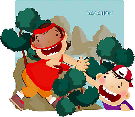 EPS 주간 나무 계절 여자 교육 남자 어린이 일러스트 방학 휴가 산 여름방학 사람 소녀 소년 야외 두명 여름 여름휴가 바캉스 계곡 어린이만 국내일러스트 자연요소 식물 파일형식 벡터 여름_계절